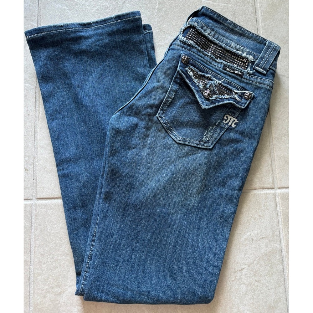 Miss Me Jeans Women 39 Medium Wash Denim Low Rise Boot Bling Embellished Y2K